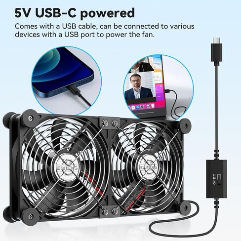 ELUTENG USB C مراوح 140 مم مزدوجة مع الحصير جهاز تهوية تبريد الكمبيوتر TypeC تماما 5V USBC مروحة كمبيوتر مع 3 وحدة تحكم في السرعة لجهاز التوجيه، جهاز الاستقبال، صندوق التلفزيون، DVR، Xbox، PS6، PS5، الخزانة in Kuwait