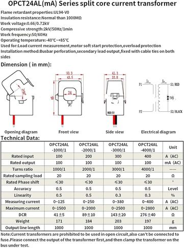 سبليت الأساسية محول التيار OPCT24AL-200A/100mA 200A/50mA 100A/50mA 100A/25mA 200A/40mA الاستشعار الحالي 1000/1 2000/1(200A - 0.1A) in Kuwait