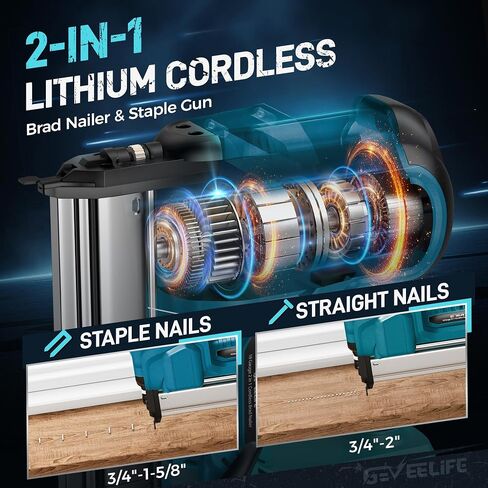 GEVEELIFE Cordless 2 "Brad Nailer، 2 في 1 20 فولت مسدس أظافر لاسلكي مع بطاريات 2 × 2.0 أمبير، مسدس أظافر 18 جيجا ومسدس أساسي، 1000 قطعة أظافر، عمق قابل للتعديل، وضعان لنجارة الخشب in Kuwait