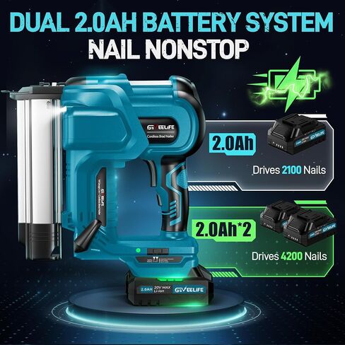 GEVEELIFE Cordless 2 "Brad Nailer، 2 في 1 20 فولت مسدس أظافر لاسلكي مع بطاريات 2 × 2.0 أمبير، مسدس أظافر 18 جيجا ومسدس أساسي، 1000 قطعة أظافر، عمق قابل للتعديل، وضعان لنجارة الخشب in Kuwait