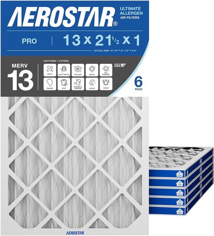 Aerostar 13x21 1/2x1 MERV 13 فلتر هواء مطوي عالي الكفاءة، 6 عبوات، استبدال فرن التيار المتردد الكهروستاتيكي، يلتقط الدخان والبكتيريا المسببة للحساسية والغبار وحبوب اللقاح ووبر الحيوانات الأليفة (12.875x21.5x0.75) in Kuwait
