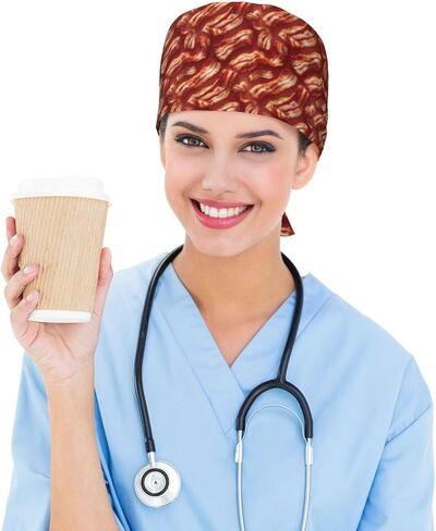 قبعات فرك واقعية بطبعة لحم الخنزير المقدد المحمر للنساء والرجال، قبعة ممرضة قبعات جراحية قبعات فرك للنساء والرجال، قبعة عمل قابلة للتعديل مع عصابة رأس سوداء in Kuwait