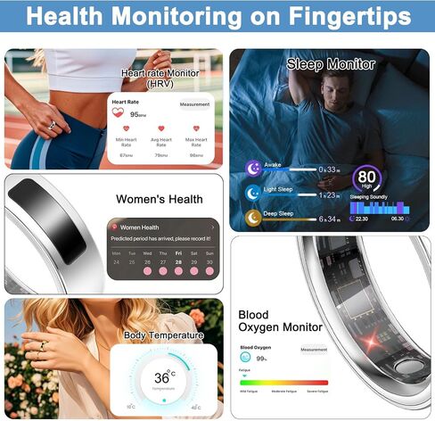 uaue حلقة صحية ذكية للنساء والرجال، تنبيه الاهتزاز، التحكم باللمس، حلقة تعقب اللياقة البدنية مع النوم/صحة المرأة/معدل ضربات القلب/الخطوات، IP68 مقاومة للماء لهاتف iPhone وAndroid، فضي 10، بدون اشتراك in Kuwait