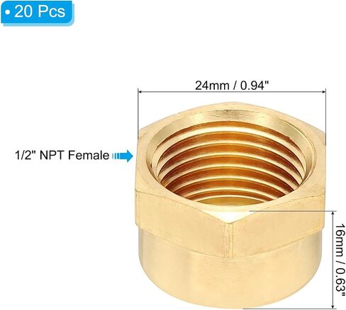 PATIKIL 1/2" NPT Female Brass Pipe Fitting Cap, 20Pcs Hex Head Brass Tubing Cap Thread Ends Cap Sealing Fittings for Refrigeration, Gas, Air, Water, Oil Line, Brass Tone in Kuwait