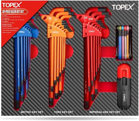 TOPEX 38 قطعة مفتاح ربط سداسي ألين مجموعة مفاتيح ألين نهاية الكرة مع مفتاح سداسي قابل للطي بمقبض على شكل حرف T، SAE(1/16 بوصة - 3/8 بوصة) متري (1.5 مم - 10 مم) توركس (T10-T50) للاستخدام المنزلي لميكانيكي السيارات بنفسك in Kuwait