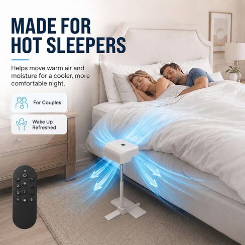 Bed Fan Under Sheets, Rechargeable Bed Cooling System (White) | With 5 Speeds and Remote, Adjustable Height Mattress Fans for Under Blankets, Fits all Mattress Heights in Kuwait