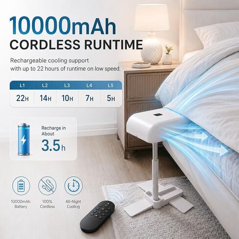 Bed Fan Under Sheets, Rechargeable Bed Cooling System (White) | With 5 Speeds and Remote, Adjustable Height Mattress Fans for Under Blankets, Fits all Mattress Heights in Kuwait