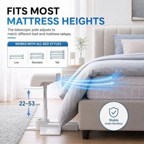 Bed Fan Under Sheets, Rechargeable Bed Cooling System (White) | With 5 Speeds and Remote, Adjustable Height Mattress Fans for Under Blankets, Fits all Mattress Heights in Kuwait