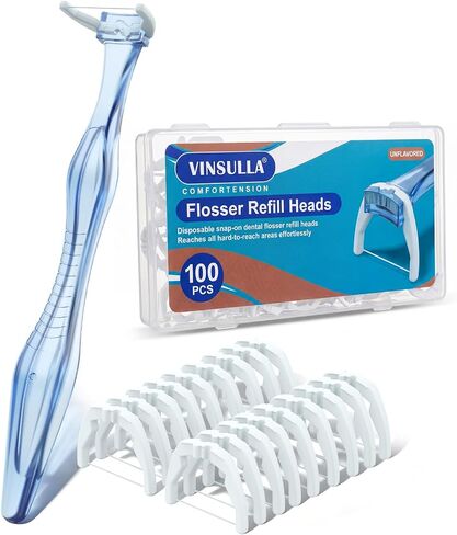 مجموعة خيط تنظيف الأسنان من VINSULLA، خيط تنظيف مريح مقاوم للتمزيق، مقابض قابلة لإعادة الاستخدام ورؤوس إعادة التعبئة، خالية من PTFE وPFAS، آمنة لجميع أفراد الأسرة (مقبض أزرق واحد + 100 عبوة إعادة التعبئة) in Kuwait
