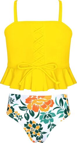 Girls Sports High Waisted Bikini Set Bandeau Ruffle Flounce Two Piece Swimsuits in Kuwait