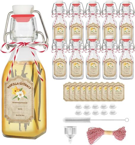 10 Pack Swing Top Glass Vanilla Extract Bottles 4 oz with Lids, Vanilla Labels & Funnel, Boston Square Bottles for Homemade Syrup, DIY Gifts, Flip Top Jars for Extract in Kuwait