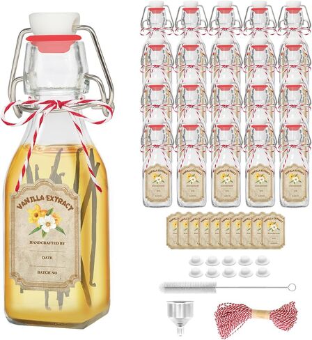 10 Pack Swing Top Glass Vanilla Extract Bottles 4 oz with Lids, Vanilla Labels & Funnel, Boston Square Bottles for Homemade Syrup, DIY Gifts, Flip Top Jars for Extract in Kuwait