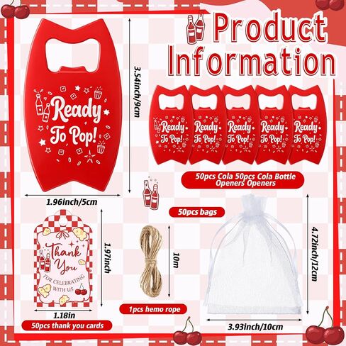Domensi 50 Set She's Ready to Pop Bottle Openers, Baby Shower Favors for Guests, Retro Soda Bottle Opener Return Gifts with Organza Bags and Thank You Tags for Baby Shower Decorations in Kuwait