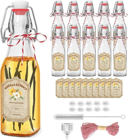 10 Pack Swing Top Glass Vanilla Extract Bottles 4 oz with Lids, Vanilla Labels & Funnel, Boston Square Bottles for Homemade Syrup, DIY Gifts, Flip Top Jars for Extract in Kuwait