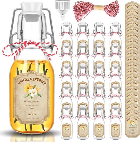 10 Pack Swing Top Glass Vanilla Extract Bottles 4 oz with Lids, Vanilla Labels & Funnel, Boston Square Bottles for Homemade Syrup, DIY Gifts, Flip Top Jars for Extract in Kuwait