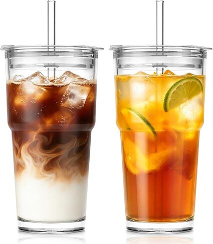 SoulTimes 20oz Ribbed & Floral Glass Tumbler Set of 2 – Reusable Glass Cups with Lid and Glass Straw, Iced Coffee Cups for Water, Smoothie, Milk, Cocktail & More – Perfect for Daily Use & Travel in Kuwait