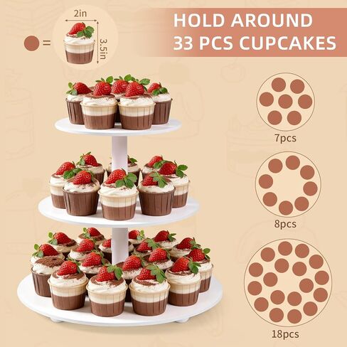 VIVIRBIEN 3-Tier Wooden Cupcake Stand:12in White Round Tiered Cake Stand,Dessert Display for 33 Cupcakes,Easy to Assemble and with Instruction,Cupcake Tower for Wedding/Party/Birthday/Decor in Saudi Arabia