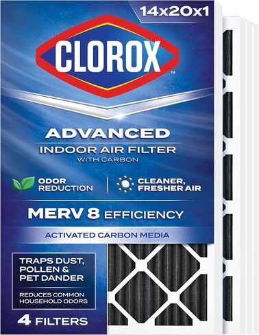 Clorox 14x20x1 Air Filter, MERV 8 with Carbon, Reduces Pet Smells, Cooking Smells and More, Pleated HVAC AC Furnace Filter, 4-Pack (Actual Size 13.75 x 19.75 x 0.75), Made in USA in Kuwait