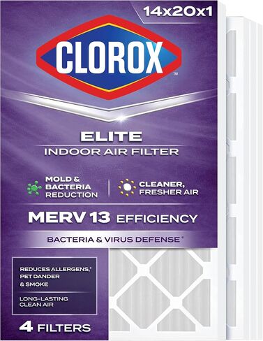 Clorox 14x20x1 Air Filter, MERV 8 with Carbon, Reduces Pet Smells, Cooking Smells and More, Pleated HVAC AC Furnace Filter, 4-Pack (Actual Size 13.75 x 19.75 x 0.75), Made in USA in Kuwait