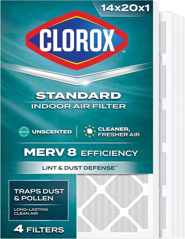 Clorox 14x20x1 Air Filter, MERV 8 with Carbon, Reduces Pet Smells, Cooking Smells and More, Pleated HVAC AC Furnace Filter, 4-Pack (Actual Size 13.75 x 19.75 x 0.75), Made in USA in Kuwait