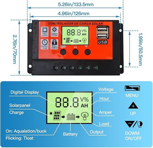 جهاز التحكم بالشحن بالطاقة الشمسية MPPT Premium 100A 12V/24V منظم ذكي للوحة الشمسية التلقائية مع شاشة LCD بمنفذ USB مزدوج برتقالي in Kuwait