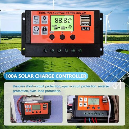 جهاز التحكم بالشحن بالطاقة الشمسية MPPT Premium 100A 12V/24V منظم ذكي للوحة الشمسية التلقائية مع شاشة LCD بمنفذ USB مزدوج برتقالي in Kuwait