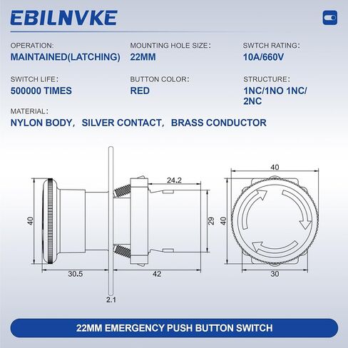 22mm Red Mushroom Emergency Stop Push Button Switch 600V 10A 2NC | Latching, Self-Locking, eStop Switch, Twist to Reset, Industrial Safety Switch for Machine Control Panel Elevator in Kuwait