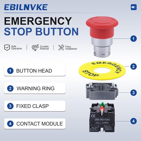 22mm Red Mushroom Emergency Stop Push Button Switch 600V 10A 2NC | Latching, Self-Locking, eStop Switch, Twist to Reset, Industrial Safety Switch for Machine Control Panel Elevator in Kuwait