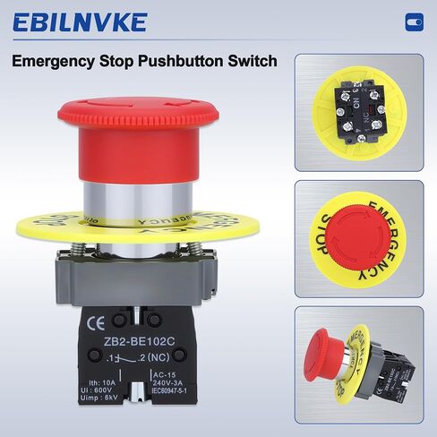 22mm Red Mushroom Emergency Stop Push Button Switch 600V 10A 2NC | Latching, Self-Locking, eStop Switch, Twist to Reset, Industrial Safety Switch for Machine Control Panel Elevator in Kuwait