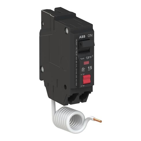 ABB Q-Line® THQL1115GFT Ground Fault Circuit Breaker • 15 Amp Single-Pole Breaker • GFCI Protection • 120/240 VAC • 10 kAIC Interrupt Rating • Plug-On Pigtail Breaker for Load Centers in Kuwait