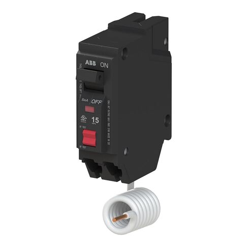 ABB Q-Line® THQL1115GFT Ground Fault Circuit Breaker • 15 Amp Single-Pole Breaker • GFCI Protection • 120/240 VAC • 10 kAIC Interrupt Rating • Plug-On Pigtail Breaker for Load Centers in Kuwait