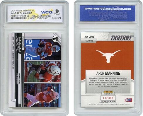2025 Panini Instant Arch Manning بطاقة Rookie Card ذات التهديد الثلاثي QB Texas Longhorns #AME - متدرجة GEM Mint 10 in Kuwait