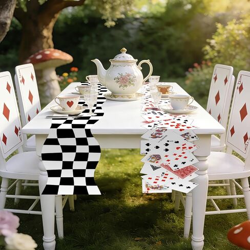 2Pcs Tea Party Decoration 12 x 72 Inch Poker Table Runner Black and White Checkered Table Runner Decorations for Birthday Wedding Dinner Home Kitchen Fairytale Game Party Supplies in Kuwait