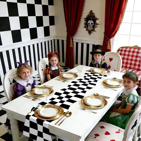 2Pcs Tea Party Decoration 12 x 72 Inch Poker Table Runner Black and White Checkered Table Runner Decorations for Birthday Wedding Dinner Home Kitchen Fairytale Game Party Supplies in Kuwait