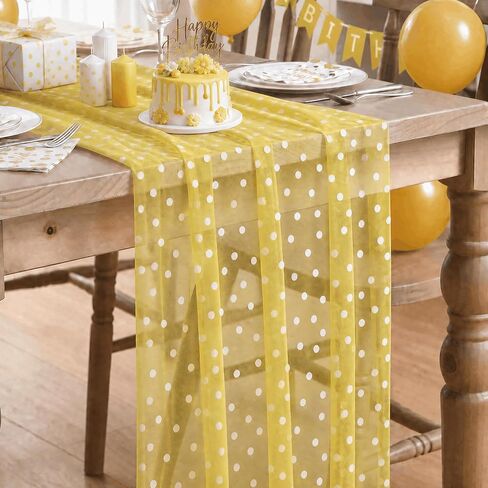 Artoid Mode Yellow Gauze Flocking White Dots Table Runner 10FT,Summer Sheer Dining Table Decor for Wedding Anniversary Holiday Birthday Home Party in Kuwait