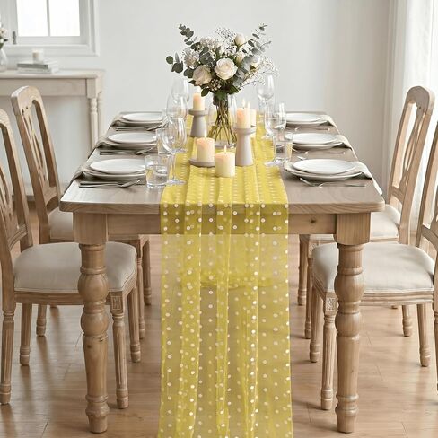 Artoid Mode Yellow Gauze Flocking White Dots Table Runner 10FT,Summer Sheer Dining Table Decor for Wedding Anniversary Holiday Birthday Home Party in Kuwait