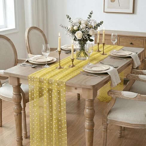 Artoid Mode Yellow Gauze Flocking White Dots Table Runner 10FT,Summer Sheer Dining Table Decor for Wedding Anniversary Holiday Birthday Home Party in Kuwait