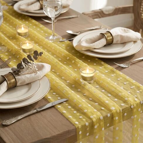 Artoid Mode Yellow Gauze Flocking White Dots Table Runner 10FT,Summer Sheer Dining Table Decor for Wedding Anniversary Holiday Birthday Home Party in Kuwait