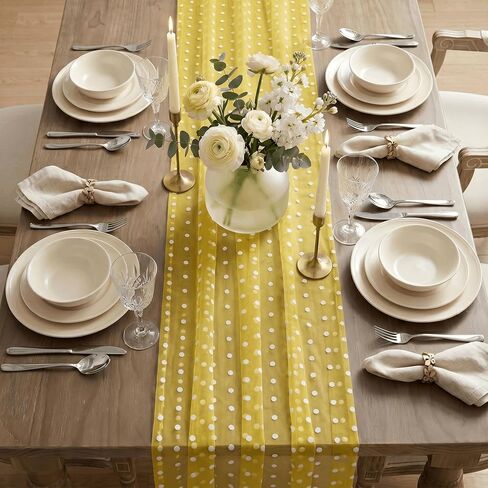 Artoid Mode Yellow Gauze Flocking White Dots Table Runner 10FT,Summer Sheer Dining Table Decor for Wedding Anniversary Holiday Birthday Home Party in Kuwait