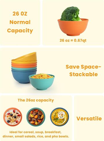 Homienly Plastic Bowls Alternative, Unbreakable Wheat Straw Cereal Bowls 8 PCS - Microwave & Dishwasher Safe Bowl for Cereal, Snack, Rice, Salad, Soup Bowls for Kitchen, Camping, Party(Muliti,26 OZ) in Kuwait