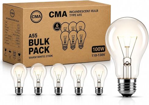 CMA Traditional Style GLS Bulb 100 Watt Incandescent Bulb E26 Base,110-130V, Warmwhite 2700K,1300 Lumens, A19 Shape, Dimmable, Classic Old Style Service Light Bulb, Indoor Use X 6 Pack in Kuwait