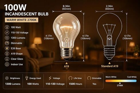 CMA Traditional Style GLS Bulb 100 Watt Incandescent Bulb E26 Base,110-130V, Warmwhite 2700K,1300 Lumens, A19 Shape, Dimmable, Classic Old Style Service Light Bulb, Indoor Use X 6 Pack in Kuwait