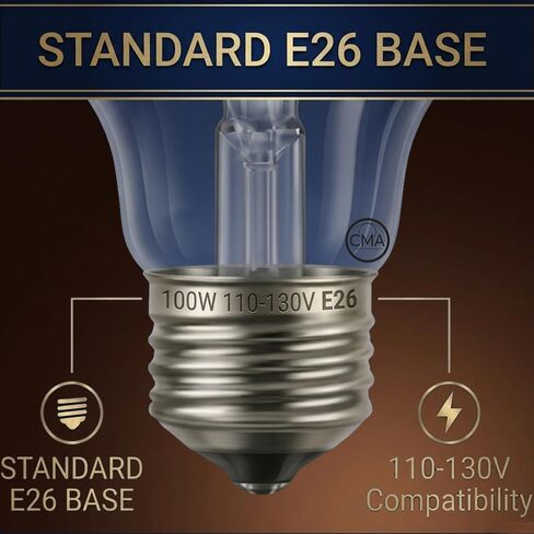 CMA Traditional Style GLS Bulb 100 Watt Incandescent Bulb E26 Base,110-130V, Warmwhite 2700K,1300 Lumens, A19 Shape, Dimmable, Classic Old Style Service Light Bulb, Indoor Use X 6 Pack in Kuwait
