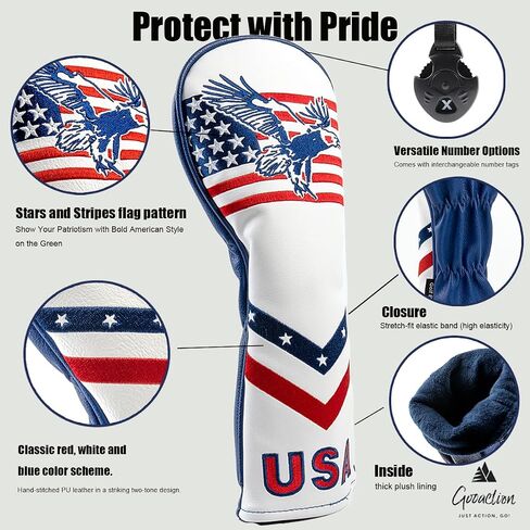 غطاء رأس GOOACTION USA Eagle Golf Hybrid - نجوم وخطوط مع تطريز منتفخ ثلاثي الأبعاد للنسر، جلد PU مقاوم للماء، إغلاق قابل للتمدد، عالمي للنوادي الهجينة in Kuwait
