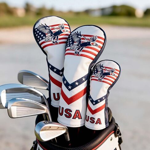 غطاء رأس GOOACTION USA Eagle Golf Hybrid - نجوم وخطوط مع تطريز منتفخ ثلاثي الأبعاد للنسر، جلد PU مقاوم للماء، إغلاق قابل للتمدد، عالمي للنوادي الهجينة in Kuwait