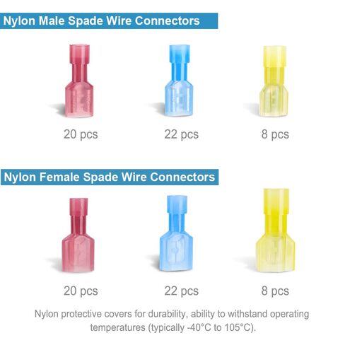 100Pcs Nylon Insulated Spade Connector Kit, 22-10 AWG Male & Female Quick Disconnect Electrical Crimp Terminals, Tinned Copper Wire Terminals for Automotive, Marine, Stereo Wiring in Kuwait