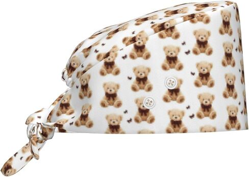 Cute Brown Bow Bear A Print Scrub Caps Women Men, Adjustable Nurse Cap Surgical Caps Scrub Hats for Women Men, Working Cap with Buttons for Hanging Face Masks in Kuwait