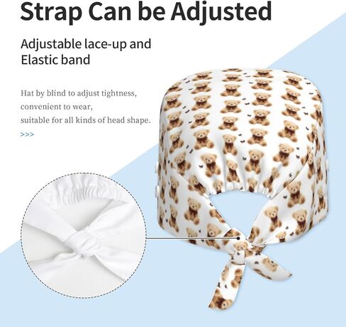 Cute Brown Bow Bear A Print Scrub Caps Women Men, Adjustable Nurse Cap Surgical Caps Scrub Hats for Women Men, Working Cap with Buttons for Hanging Face Masks in Kuwait