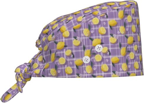 Purple Checkered Lemon Print Scrub Caps Women Men, Adjustable Nurse Cap Surgical Caps Scrub Hats for Women Men, Working Cap with Buttons for Hanging Face Masks in Kuwait