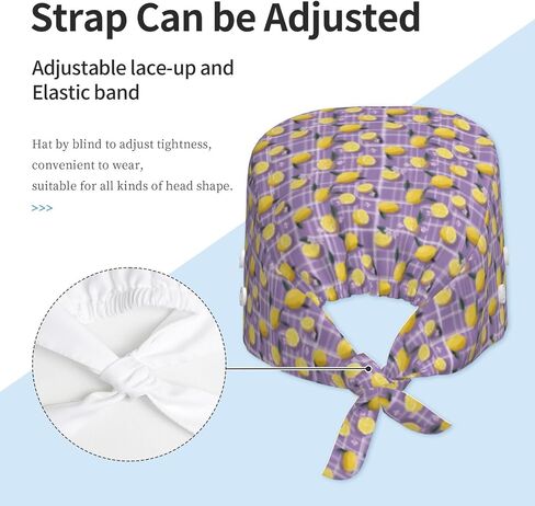Purple Checkered Lemon Print Scrub Caps Women Men, Adjustable Nurse Cap Surgical Caps Scrub Hats for Women Men, Working Cap with Buttons for Hanging Face Masks in Kuwait
